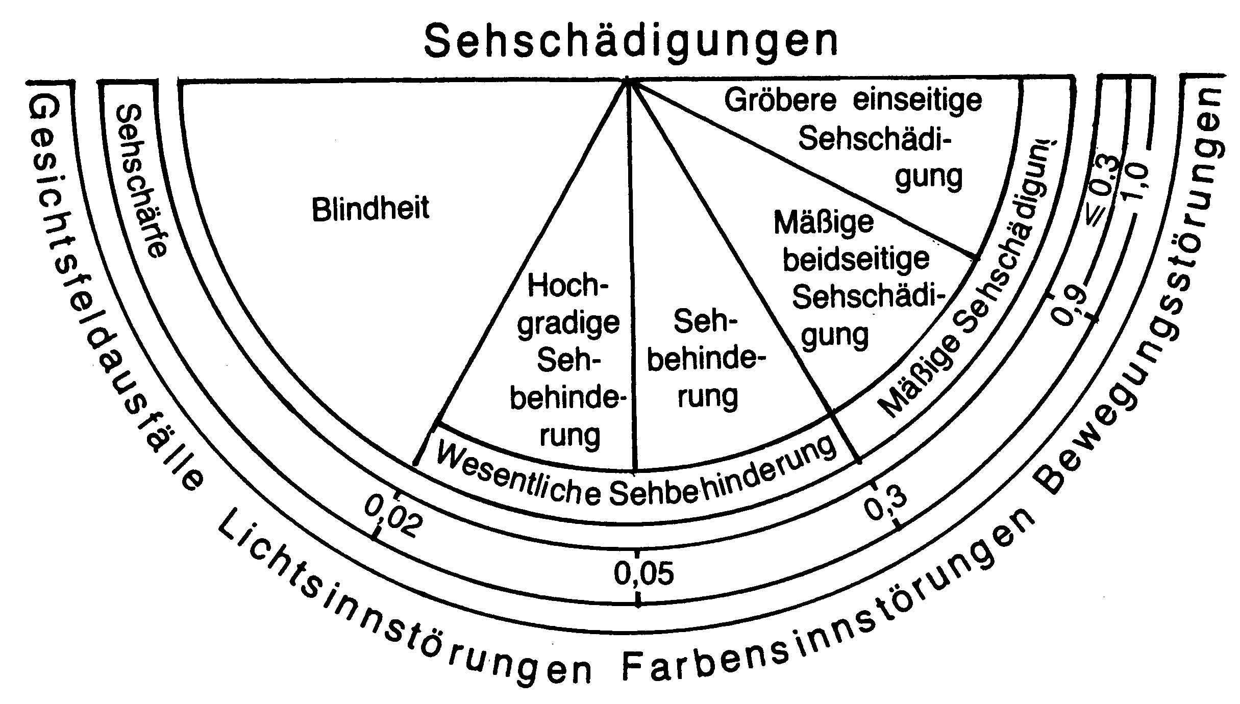  Grafische Darstellung der Einteilung von Funktionseinschränkungen des Sehens in Gruppen (nach Schweregraden)